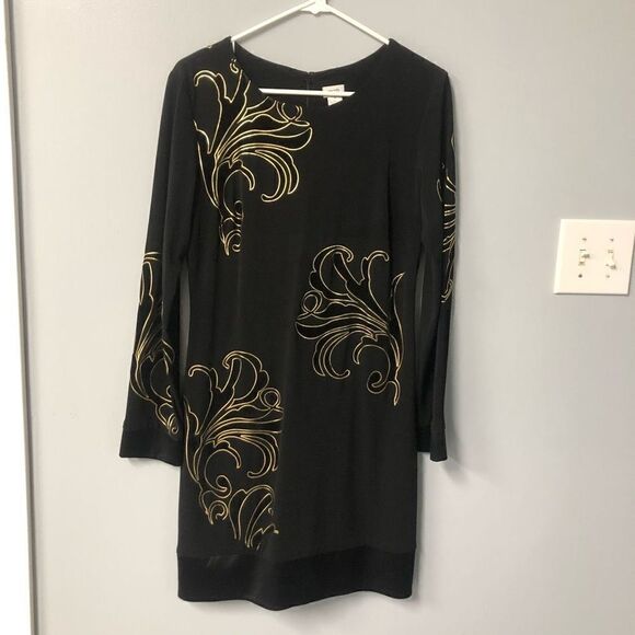 cache womens black gold velvet contrast printed sheath dress size 12 long sleeve - Picture 1 of 13